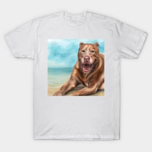 A Painting of a Red Nose Pit Bull Smiling and Basking in the Sun on the Beach T-Shirt